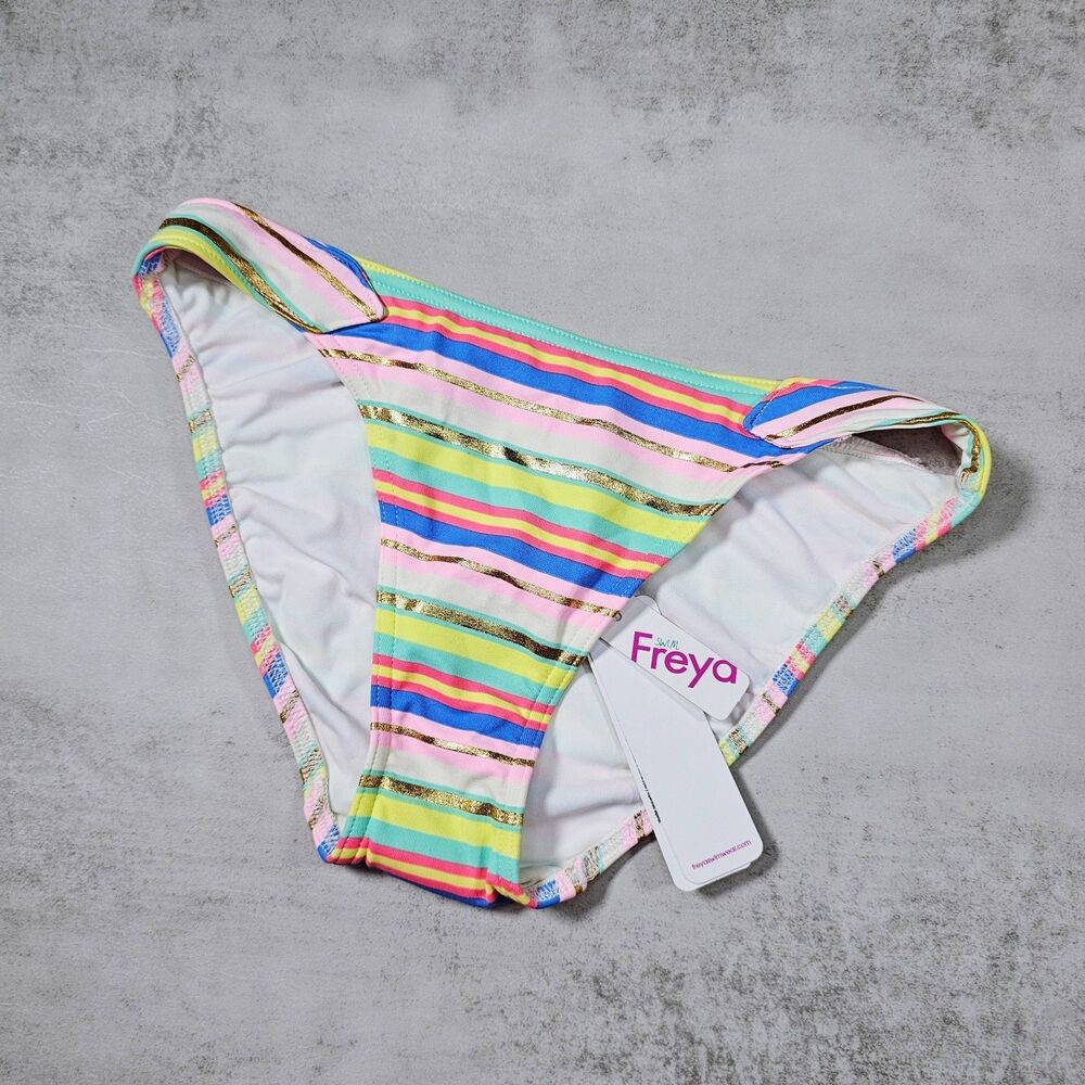 Freya Beach Candy Pastel Striped Bikini Swim Bottoms with Gold Shimmer, Size XS